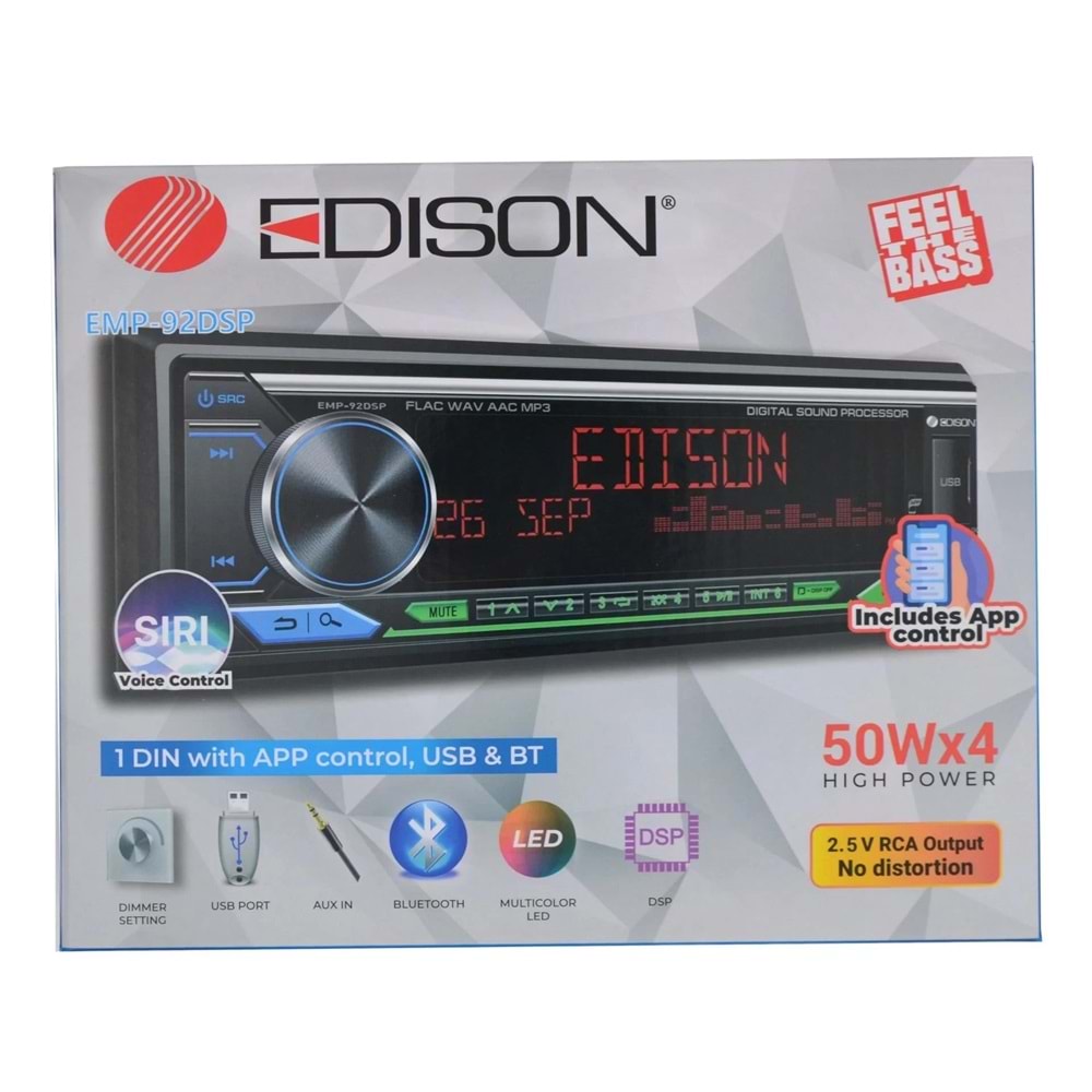 Edison EMP-94DSP 4 Anfi Çıkışı-Dsp İşlemci-App Kontrol'lü Oto Teyp