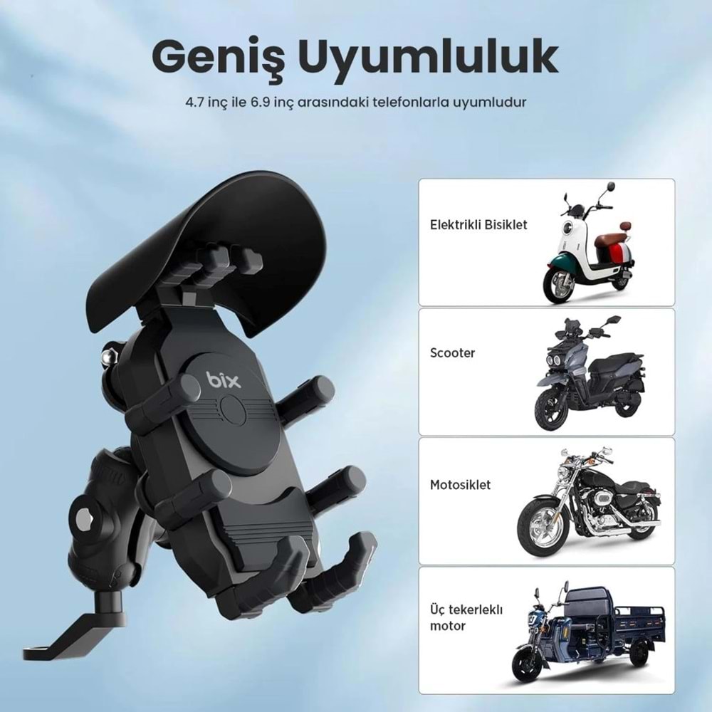 BİX BMPH05 Güneş ve Yağmur Korumalı Ayna Bağlantılı 360° Derece Motosiklet Bisiklet Telefon Tutucu