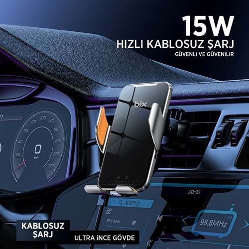 BİX BXCH9 Kablosuz Hızlı Şarj Destekli Ultra İnce Metal Gövdeli 360 Derece Ayarlanabilen Araç içi Telefon Tutucu Gri