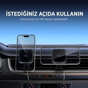 BİX BXCH10 15W Kablosuz Şarj Destekli 180° Ayarlanabilir, Çok Açılı Manyetik Araç İçi Telefon Tutucu Gri