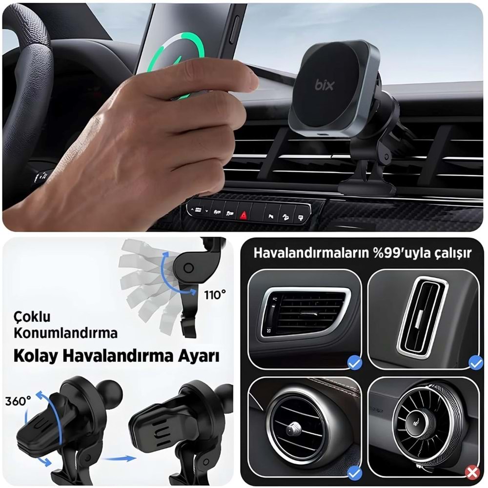 BİX BXCH10 15W Kablosuz Şarj Destekli 180° Ayarlanabilir, Çok Açılı Manyetik Araç İçi Telefon Tutucu Gri