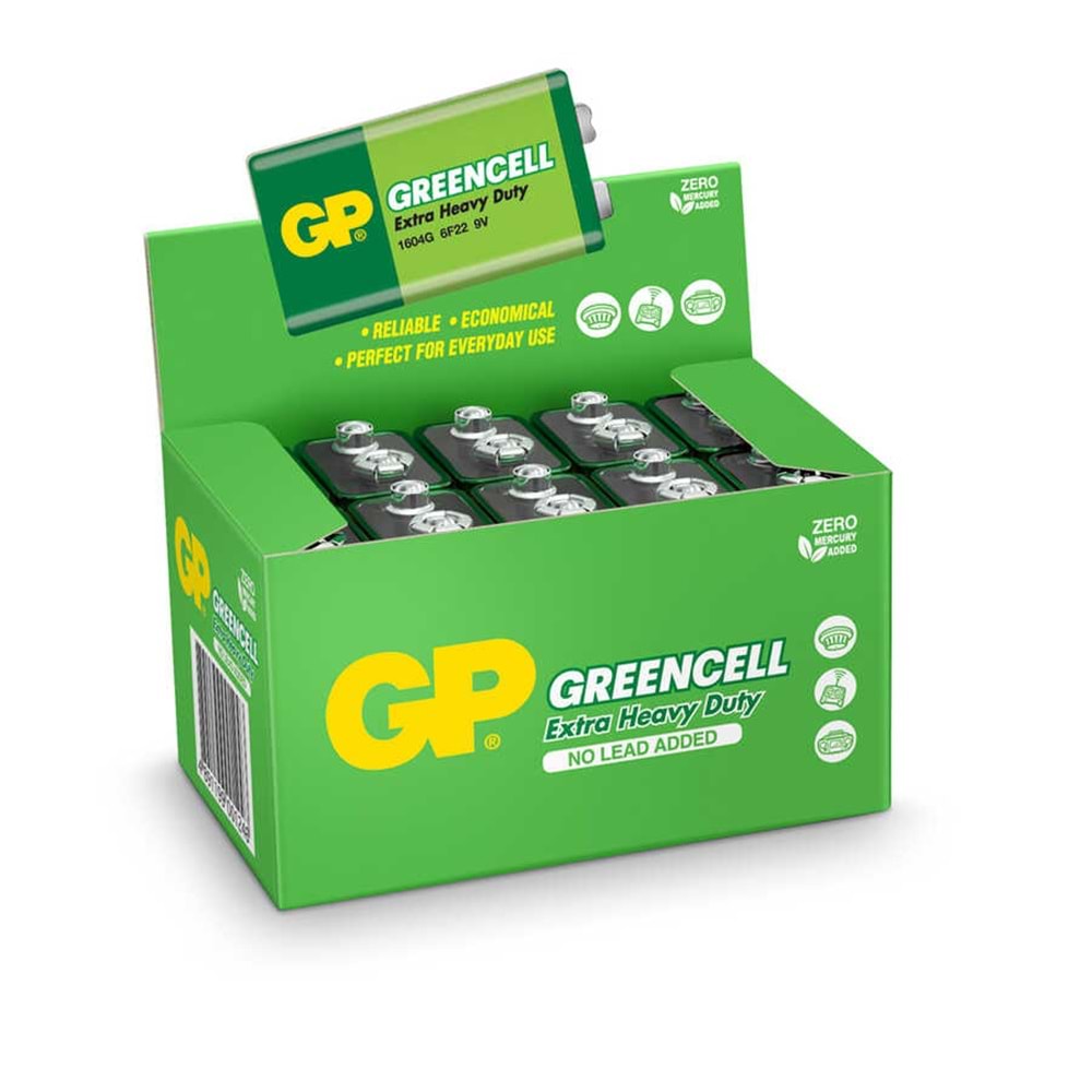 GP 9V PİL GP1604G Greencell 6F22/1222/9V Pil, 9 Volt, 10'lu Kutu
