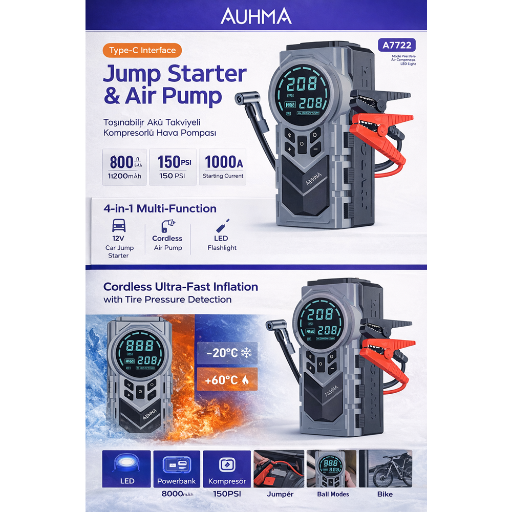 AUHMA A7722 Akü Takviye, Kompresör, Powerbank Taşınabilir Pompa jump Starter & Air Pump