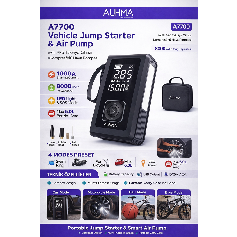 AUHMA A7700 Jump Starter & Air PumpAlt Taşınabilir Akü Takviyeli Kompresörlü Hava Pompası
