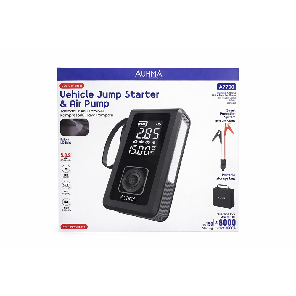 AUHMA A7700 Jump Starter & Air PumpAlt Taşınabilir Akü Takviyeli Kompresörlü Hava Pompası