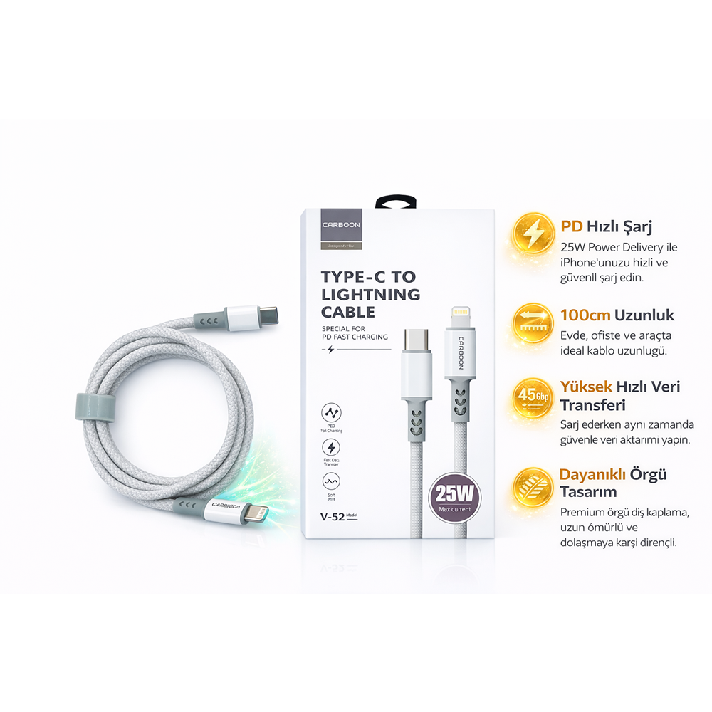 CARBOON V-52 İPHONE to TYPE-C TELEFON HIZLI ŞARJ KABLOSU 25W