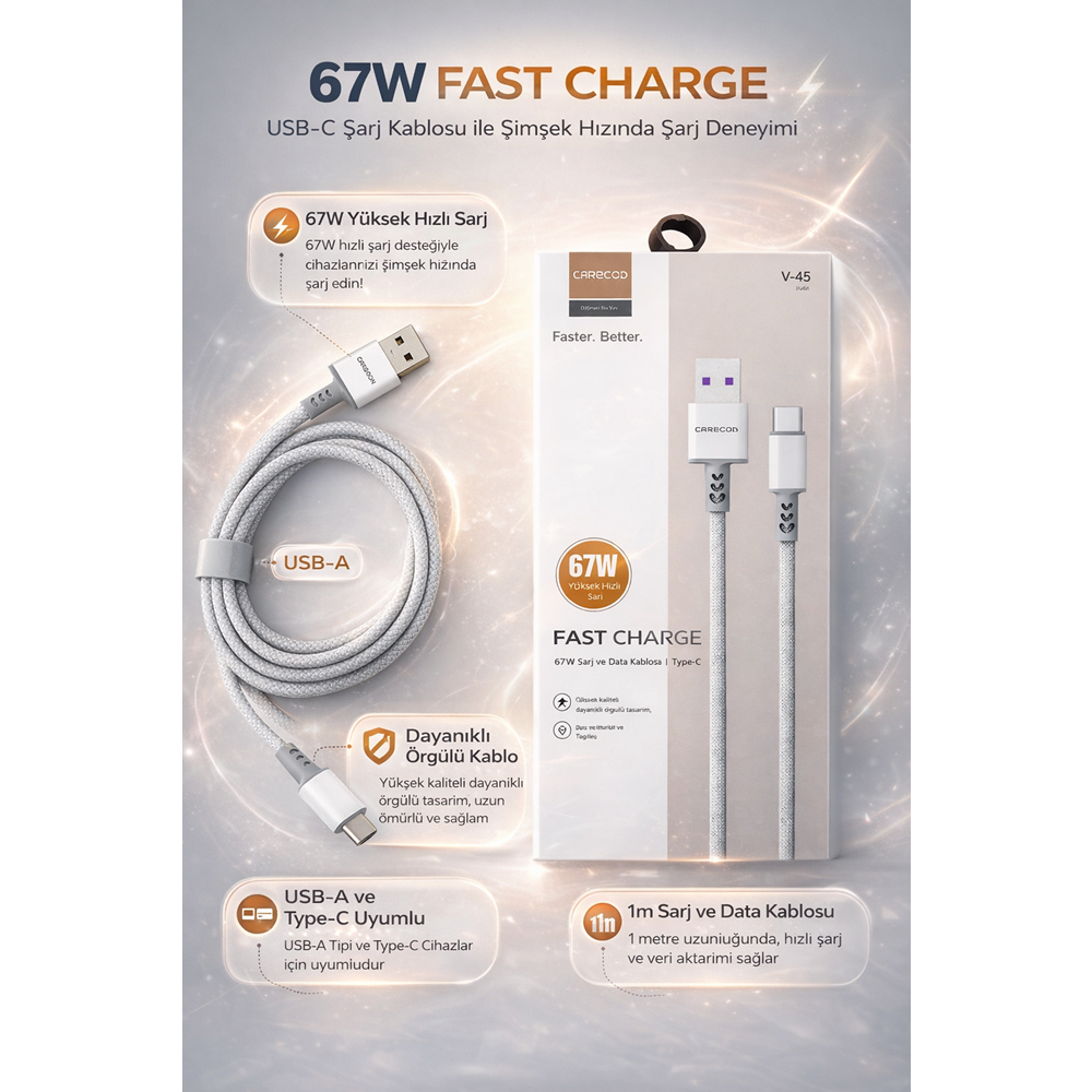 CARBOON V-45 TYPE-C TELEFON HIZLI ŞARJ KABLOSU 25W